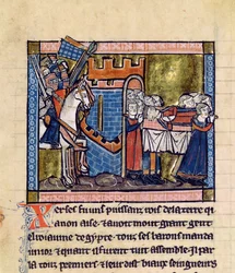 Fr.2630 f.102 Ciudadanos de Edesa rinden homenaje a Balduino II, de la Estoire d